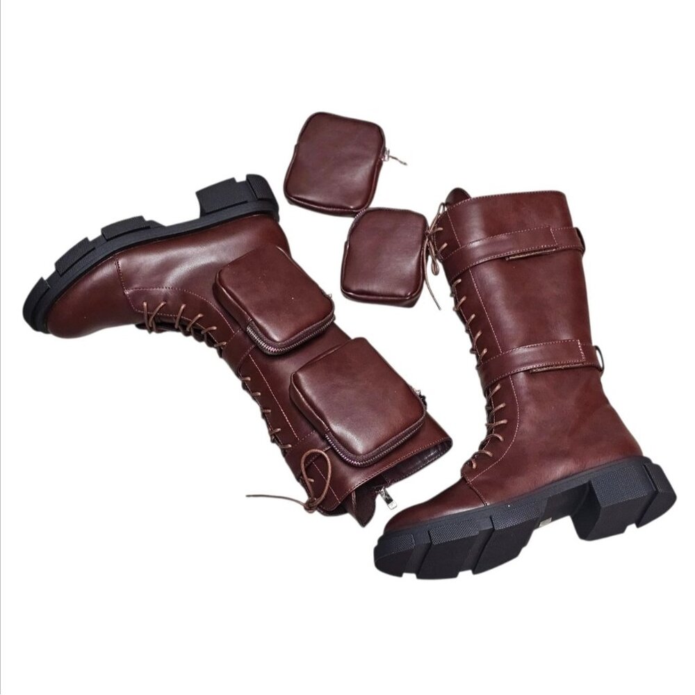 Lace-Up Wine Combat Boots With Detachable Utility Pouches & Side Zippers For Wom - Picture 12 of 12
